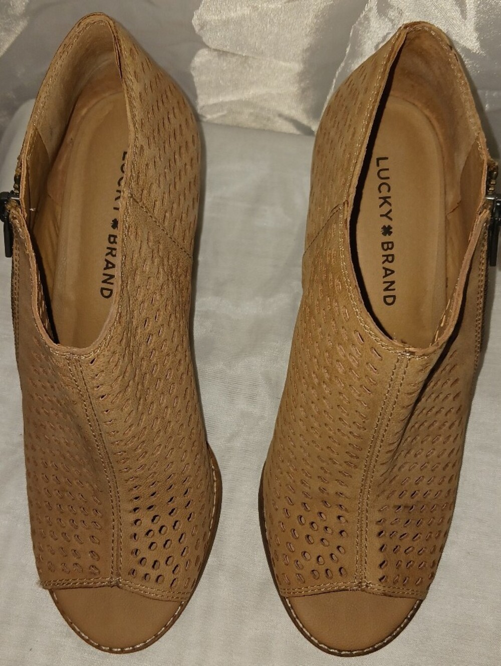 "Lucky Brand" Tan Perforated Peep-Toe Booties with Side Zip Accent Size 9
